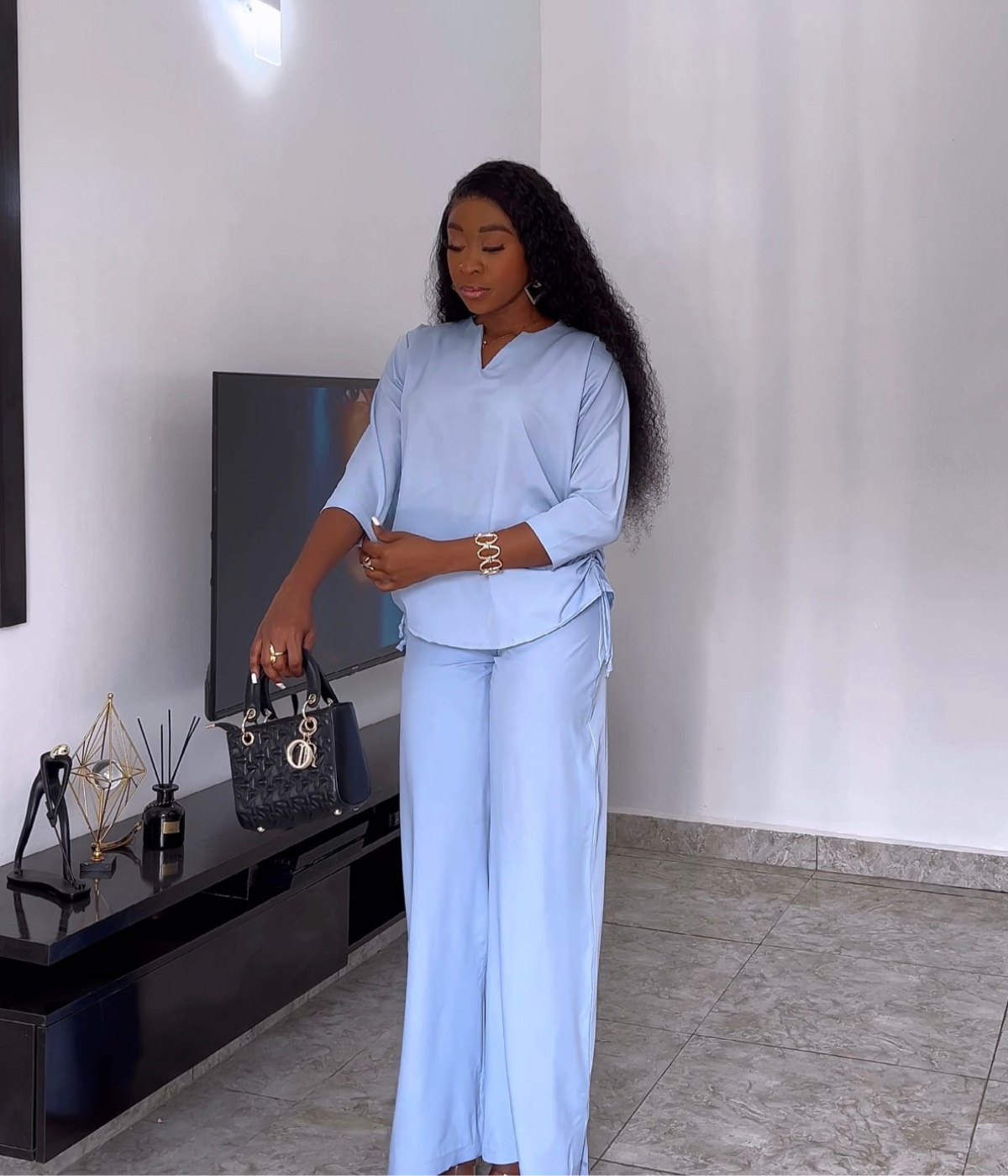 Alexa Cut-out Ruched Shirt Set - Skyblue